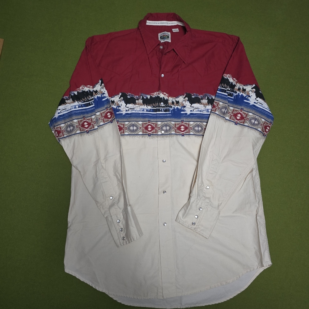 Men's   Cumberland Red and Cream Western-Inspired Pearl Snap-Down Shirt